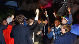 Members of Sigma Chi Fraternity celebrate their new members. (photo: Maggie Algero)