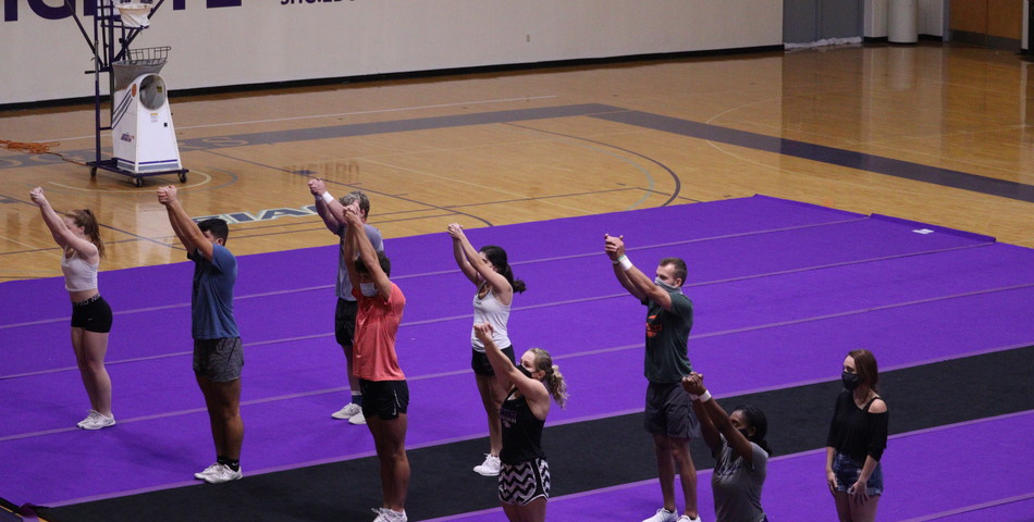 Jared Jacoby: The Spring Hill College cheerleading team holds a safety-compliant practice in the gym.  