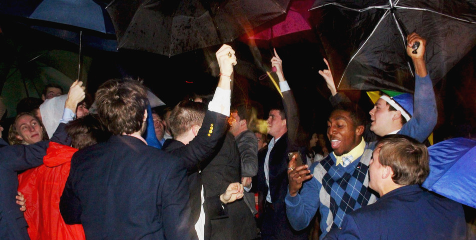 Maggie Algero: Members of Sigma Chi Fraternity celebrate their new members.